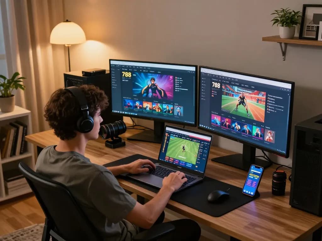 A player engaging with v788 game on multiple screens, showcasing strategic online gambling setup at home.
