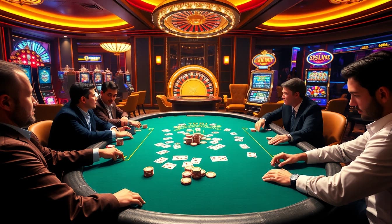Players engaging in an intense poker game at a glamorous casino featuring 58win1 branding.