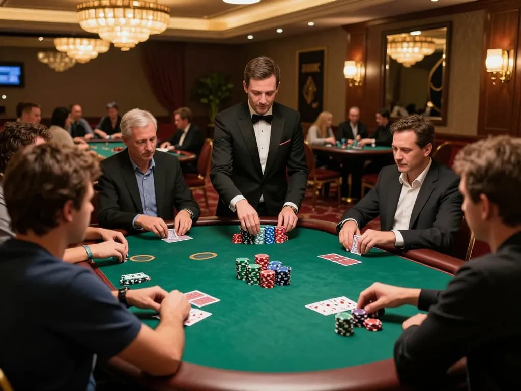 Players engaging in high-stakes poker game at an upscale casino floor, linked to https://fc88.zone.