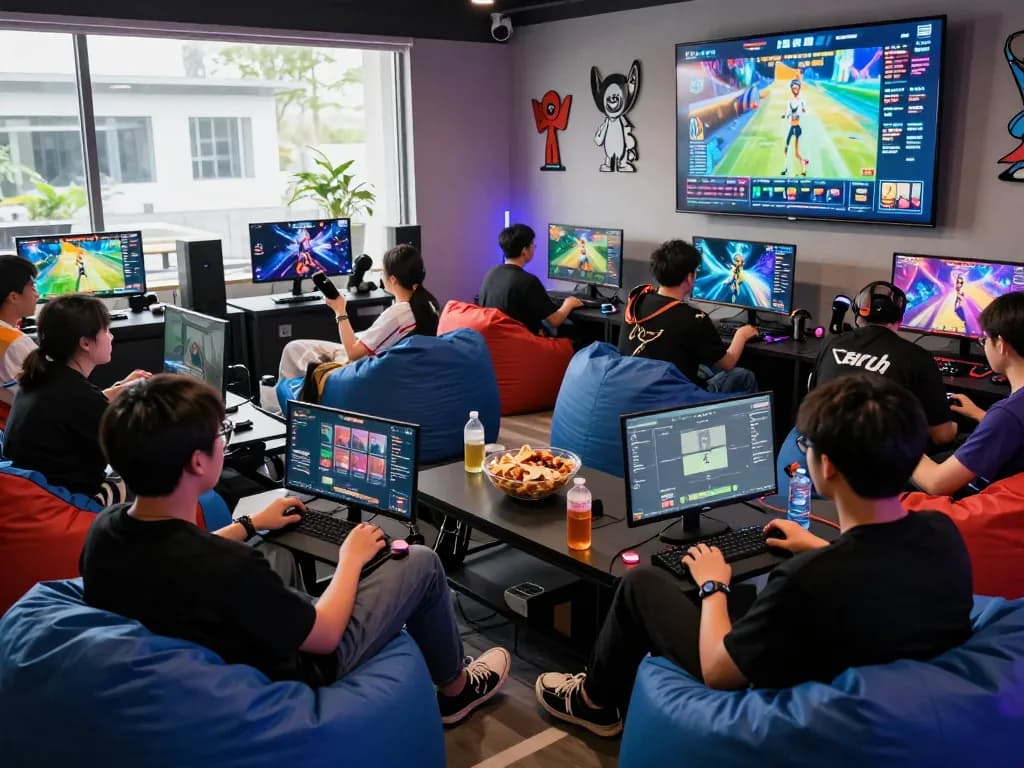 Thrilled gamers enjoying the 789club gaming experience in a lively lounge setting.