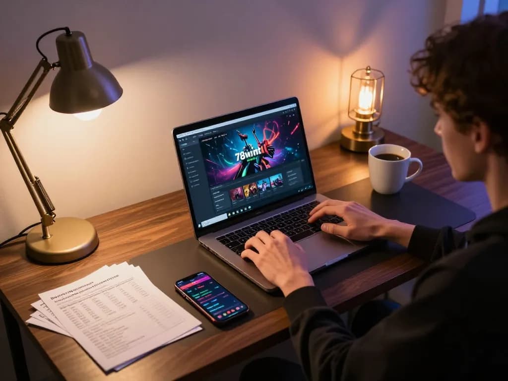 Engaging in online gaming at 78wintl, showcasing strategic gameplay with a cozy setup.