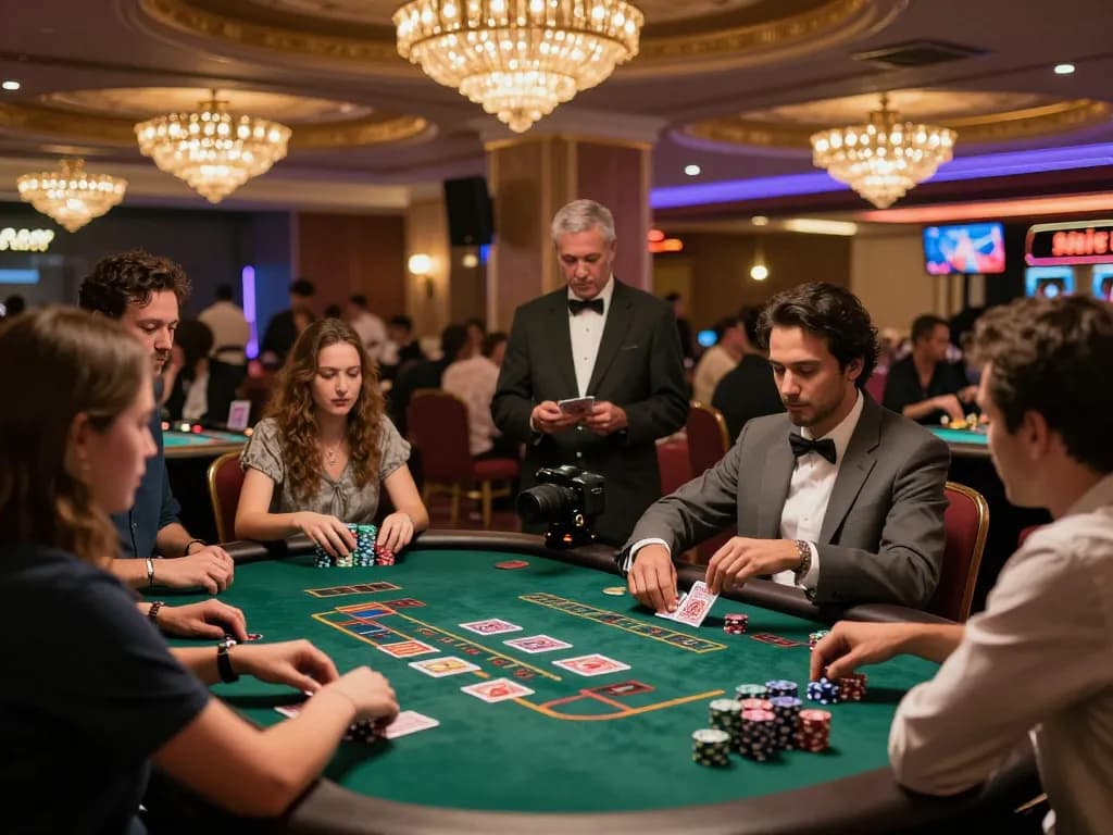 Players enjoying a strategic game at nhà cái jun88's vibrant casino floor with dealers and chips visible.