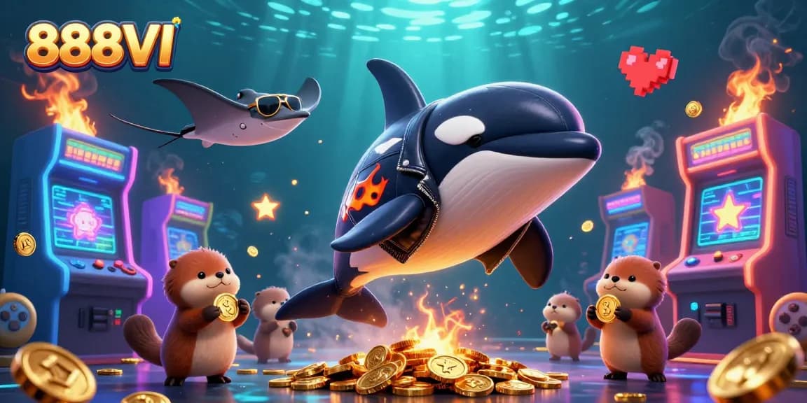 888VI showcases a vibrant casino adventure featuring a whimsical cartoon orca jumping amidst glowing game elements.