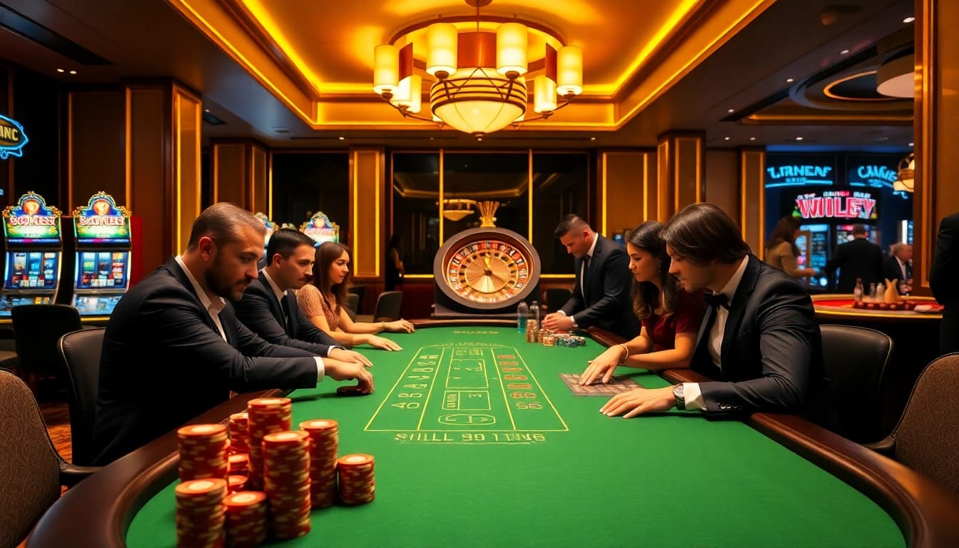 Experience the thrill of gambling at https://kjc.uk.com/ with a luxurious casino scene featuring blackjack and roulette.