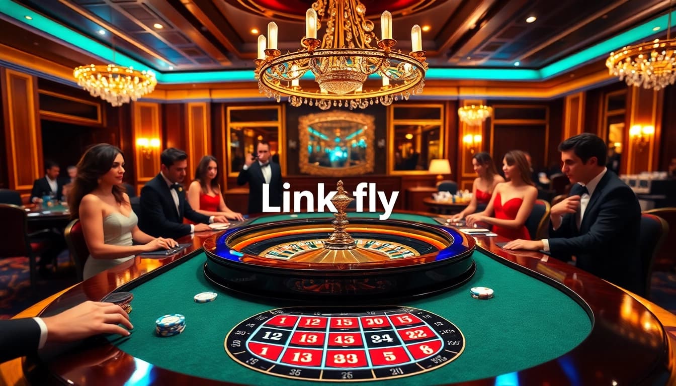A dynamic casino environment featuring poker chips and a roulette table with Link fly visual elements showcasing online gambling excitement.