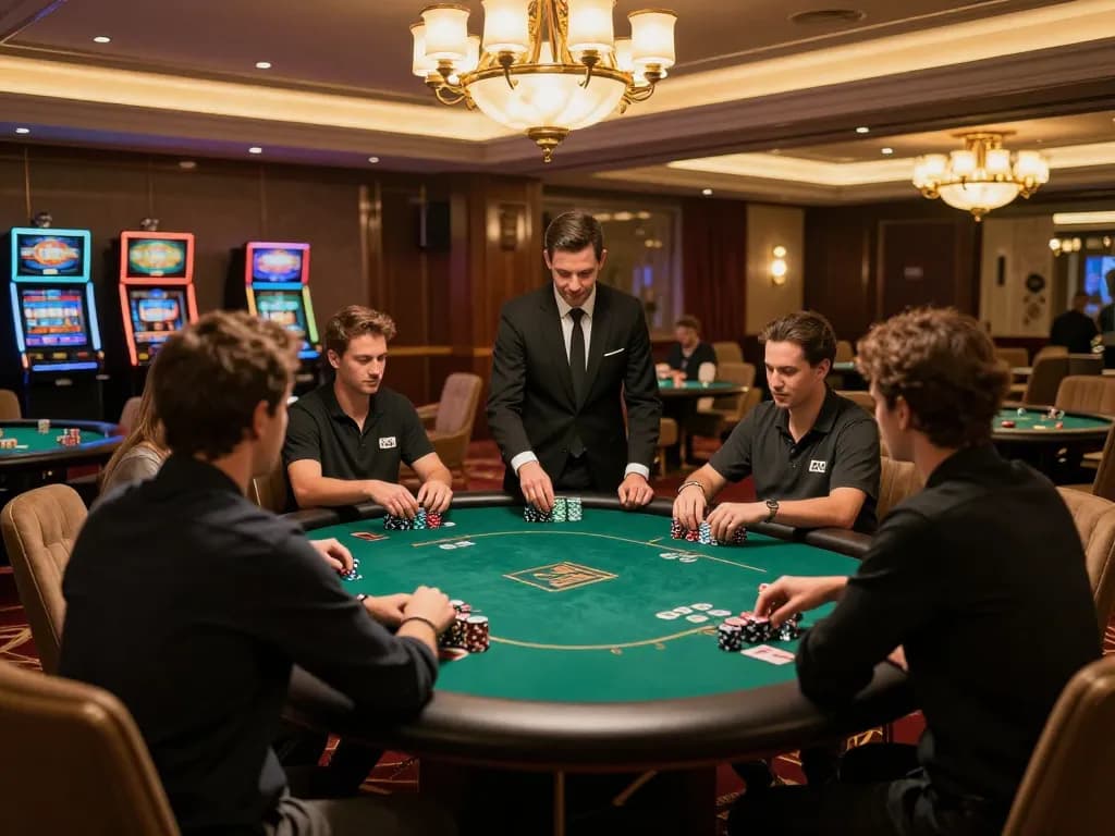 Players engaged in a high-stakes poker game at 8LIVE casino, luxurious ambiance and strategic atmosphere.