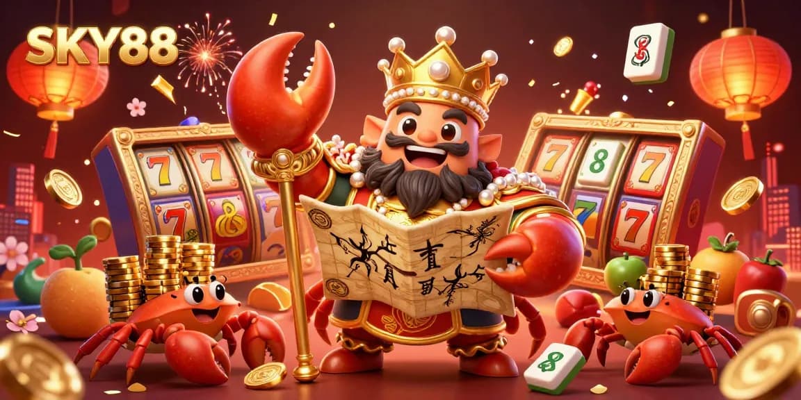 Engage with the enchanting world of SKY88 casino through a vibrant 3D illustration showcasing a golden crab emperor amidst slot reels and lucky charms.