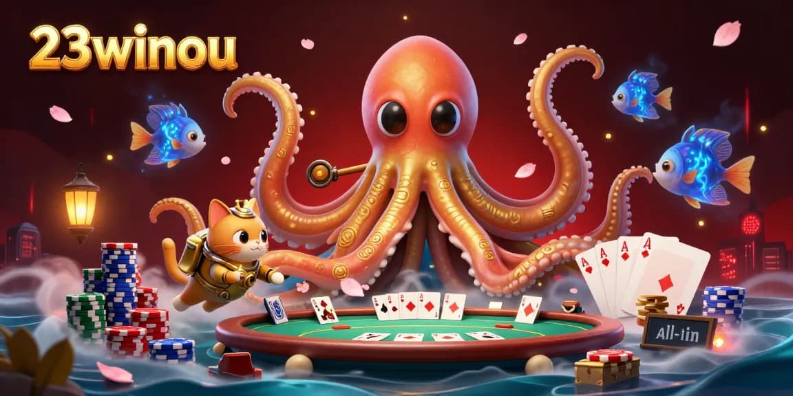 Experience the thrilling gaming scene of 23winou featuring a kraken, diving cat, and poker elements.