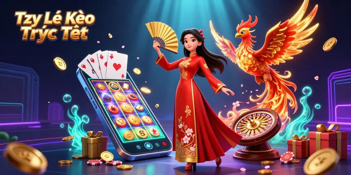 Tỷ Lệ Kèo Trực Tiếp showcases a stunning woman in ao dai, phoenix, and dynamic casino elements creating vibrant excitement.