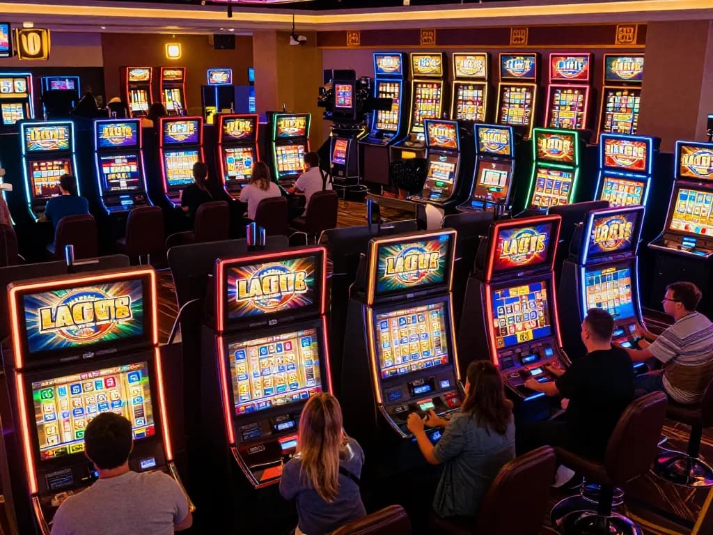 Players winning on Lucky 88 slot machines in a lively casino environment, showcasing vibrant colors and excitement.