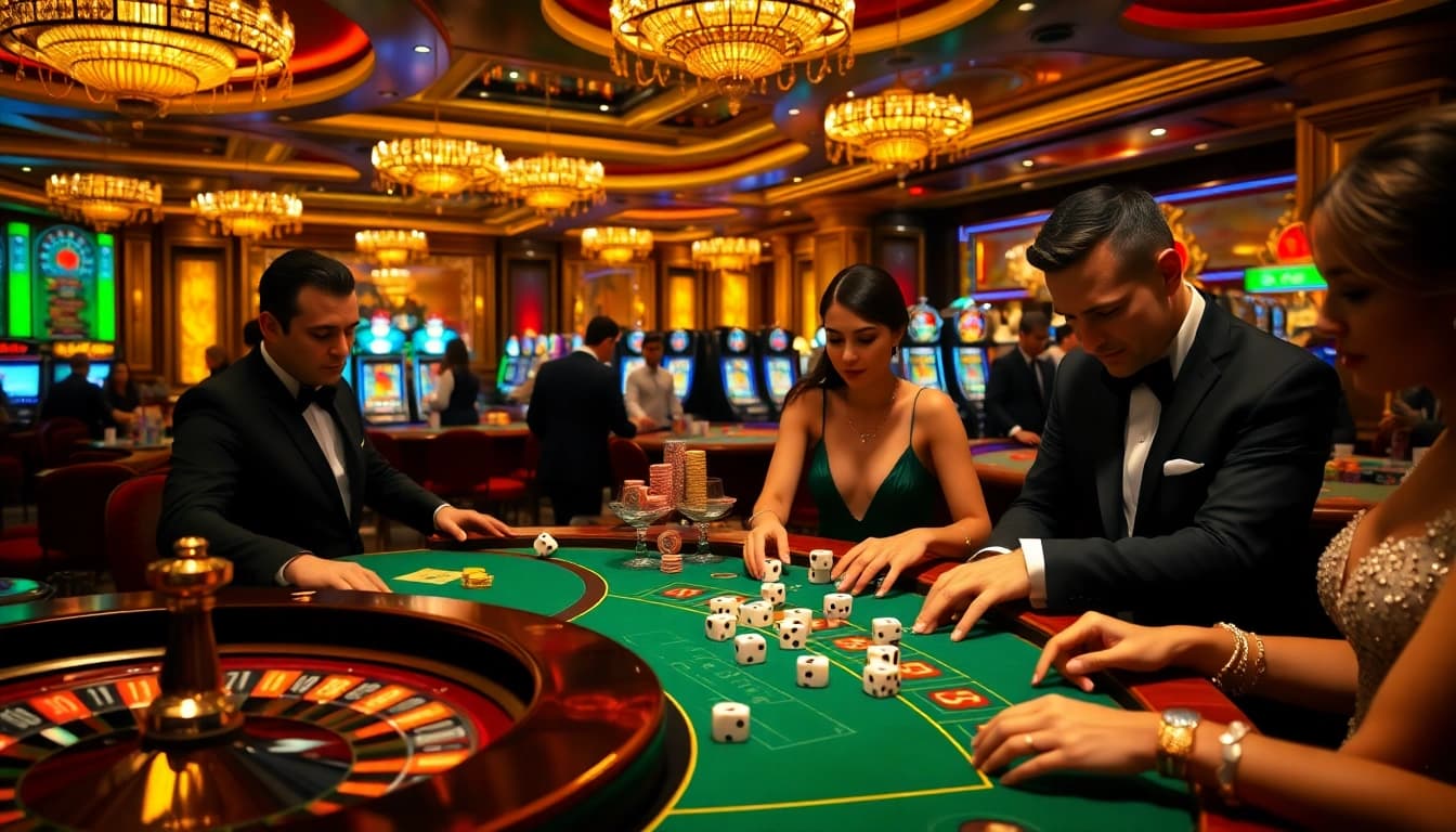 Experience the excitement of open88 with players enjoying a vibrant casino scene featuring roulette and poker.