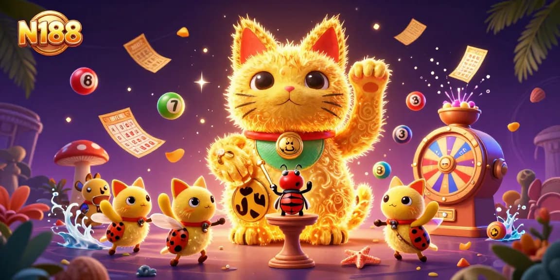 N188 promotes casino excitement with vibrant illustration featuring a lucky cat, colorful lottery balls and a lively atmosphere.