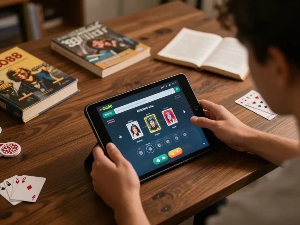 Tải Go88 app on tablet showing poker game interface during strategic online play.
