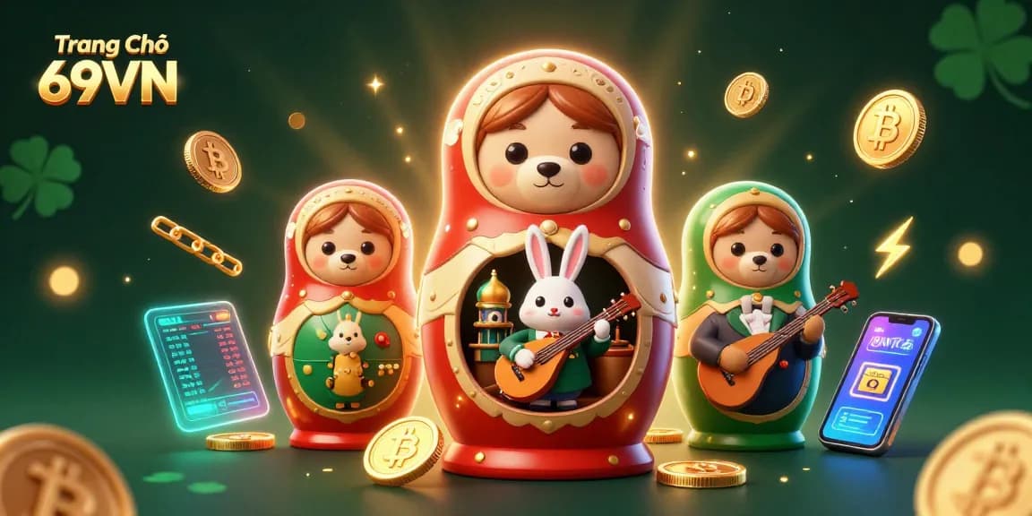 Engage with Trang Chủ 69VN's thrilling casino adventure featuring vibrant 3D illustrations and digital elements.