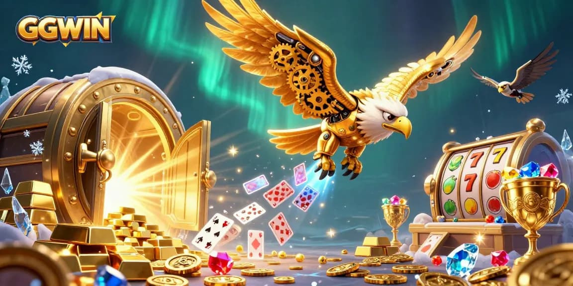 Engage in thrilling gaming with GGWIN, featuring dynamic 3D illustration of a cybernetic golden eagle amid slot reels and treasure.