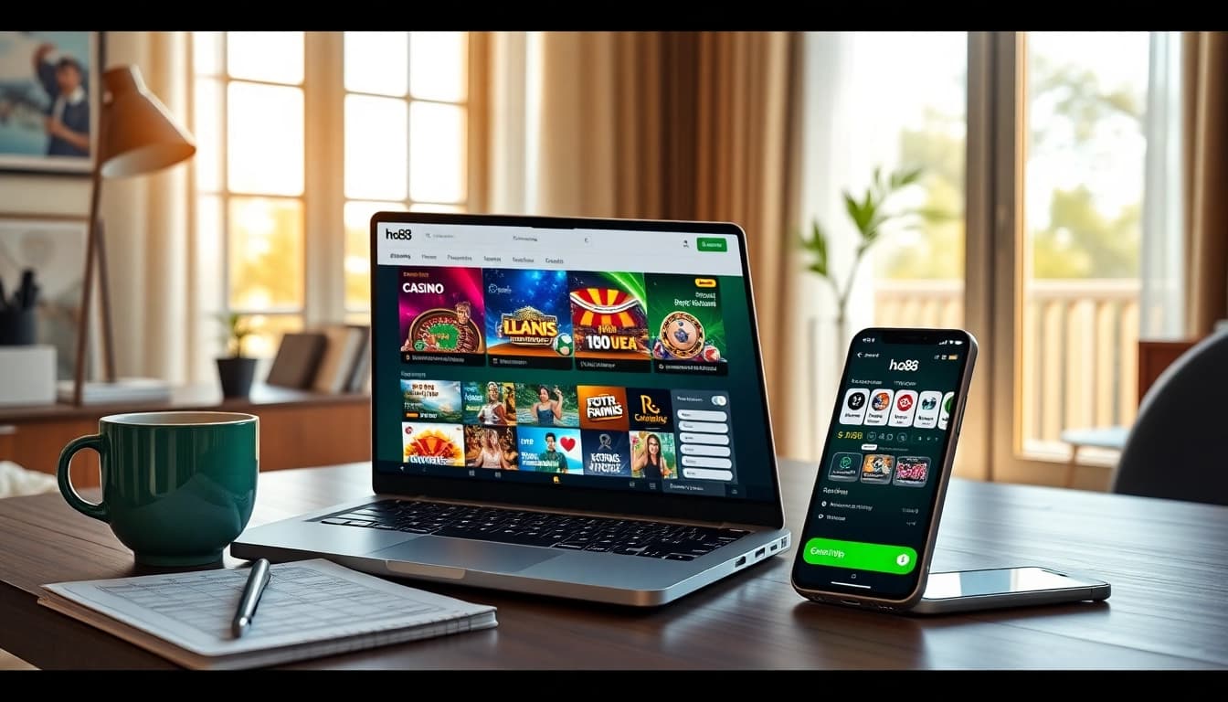 Engaging scene of Ho88 online gambling displayed on a laptop in a modern home office.