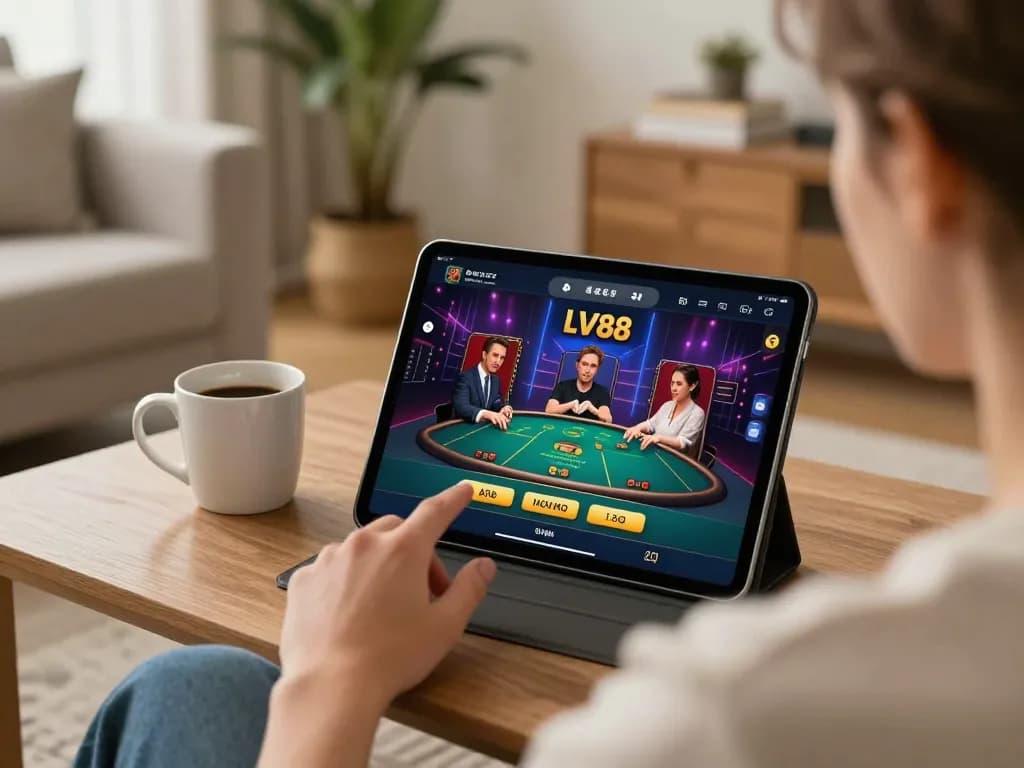 Play on LV88's mobile app featuring live dealer games in a cozy home setup