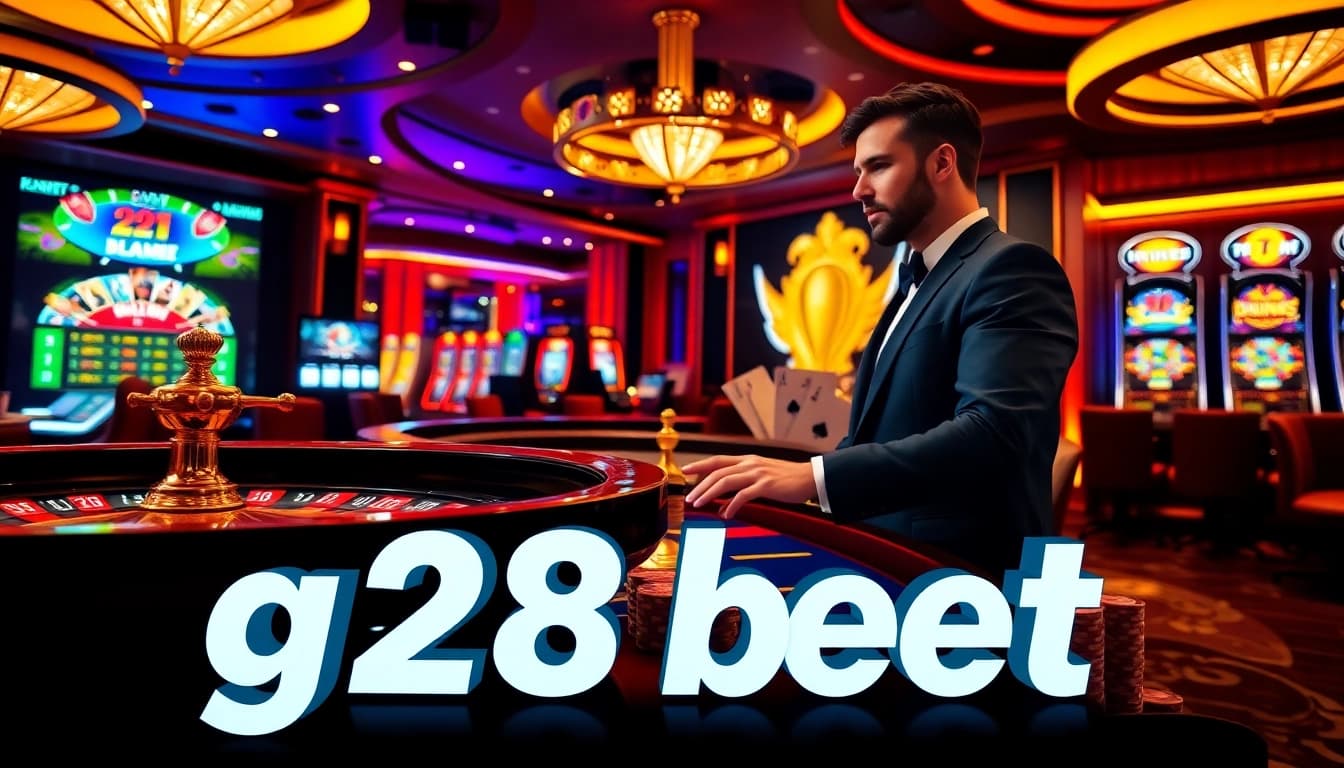 Experience thrilling g28 bet action with online casino elements like poker chips and a roulette wheel.