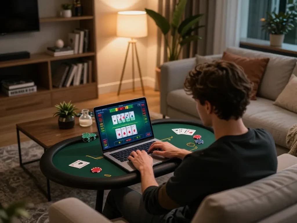 MAX88 player engaged in an online blackjack game on laptop in stylish living room setting
