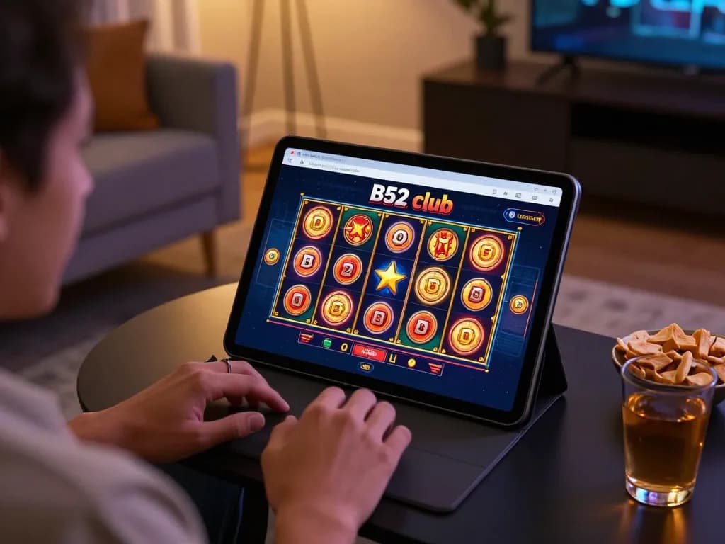 B52 club gaming experience on a tablet with engaging slot game, cozy home atmosphere.