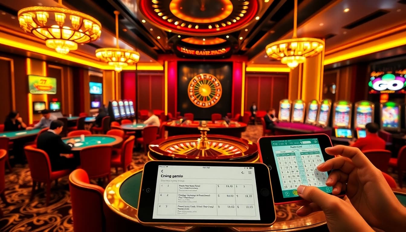 Cổng game Go8 offering a vibrant casino atmosphere with poker tables and slot machines.