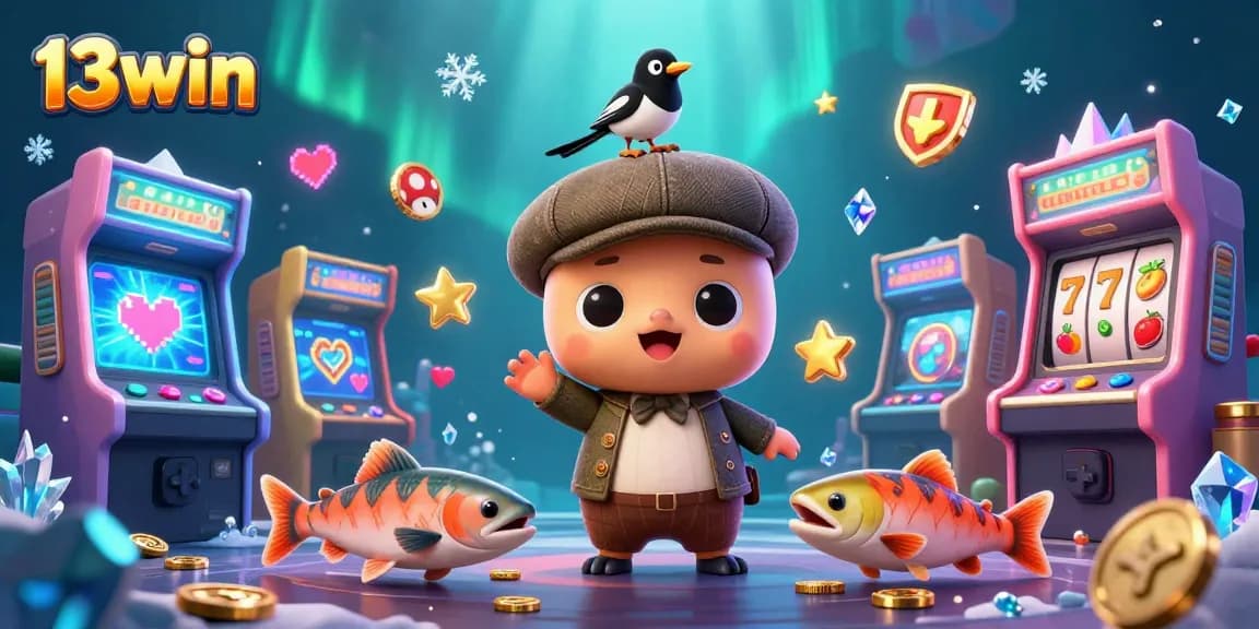 Experience the excitement of 13win with vibrant characters and casino elements in this 3D illustration.