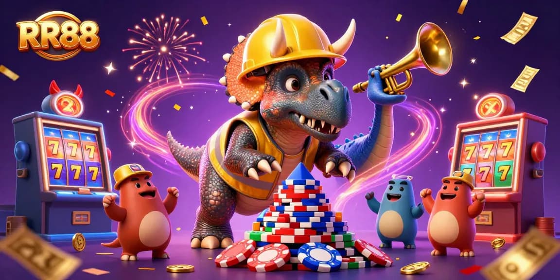 RR88 engages with an exciting 3D scene of casino fun, featuring vibrant slot reels and playful characters.