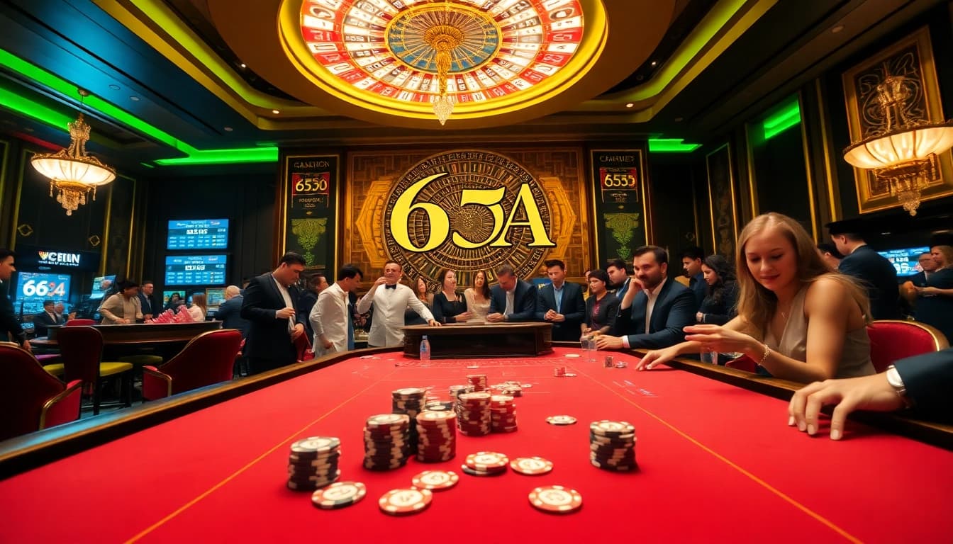 Players enjoying a thrilling game at the 65A casino, showcasing vibrant tables and exciting bets.