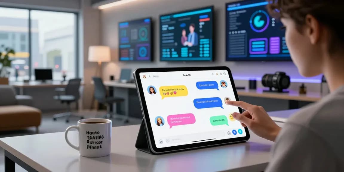 Interactive experience of free ai sex chat on a sleek tablet in a modern tech workspace.