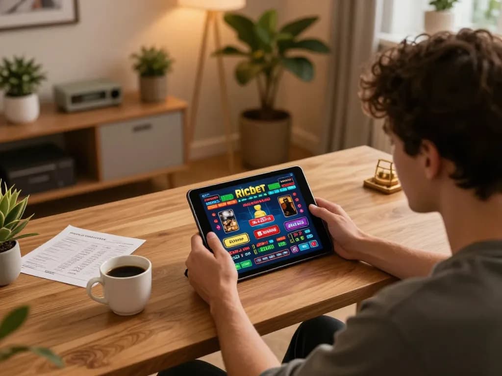 Engaging scene of a player navigating Ricbet casino games on a tablet in a cozy home setting.