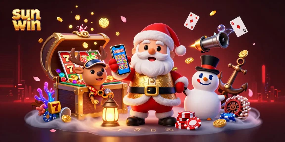 Experience the thrill of sun win with Santa and friends celebrating jackpots amid vibrant casino elements.