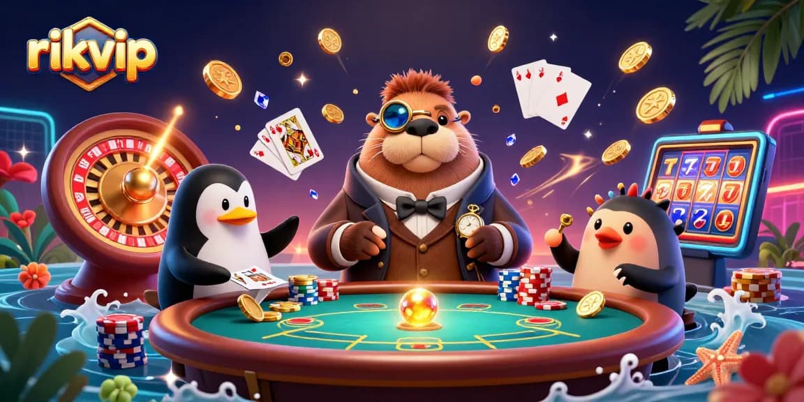 Experience thrilling gameplay at rikvip with a jolly walrus, penguin dealer, and pufferfish in an underwater casino.
