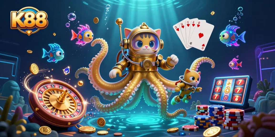 K88 unleashes excitement in a vibrant casino scene filled with golden coins and shining gems.