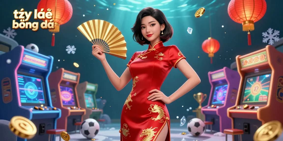 Bet on tỷ lệ bóng đá with vibrant visuals of sports betting elements and floating coins, surrounded by dynamic arcade themes.