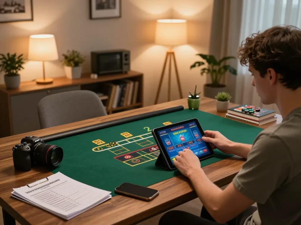 Engaging in online casino gameplay on a tablet at home, showcasing 77789vip strategic betting.