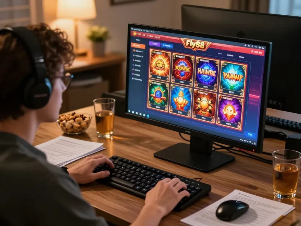 Player engaging with fly88 online casino game from home, showcasing vibrant gaming interface and snacks