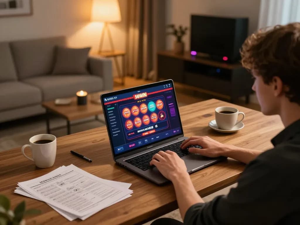 Player enjoying online gaming on 56WIN platform in a cozy home setting.