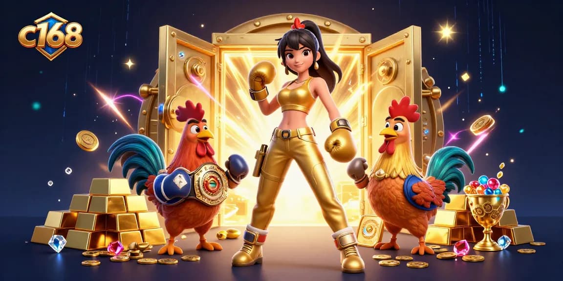 Engage in thrilling c168 gaming action with a powerful boxer and championship rooster amid gold treasures.