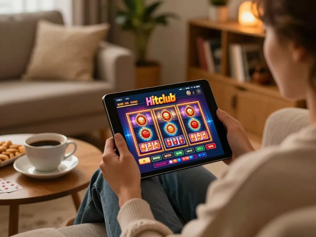 Hitclub user engaging with online casino games on a tablet in a cozy home environment.