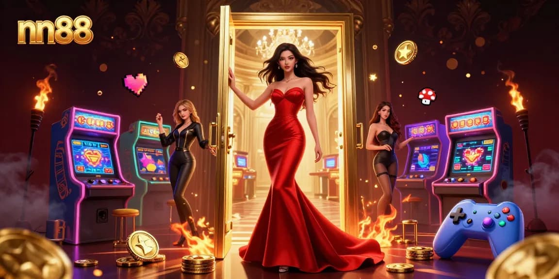 Experience excitement at nn88 casino with a glamorous Asian woman in a stunning red gown.