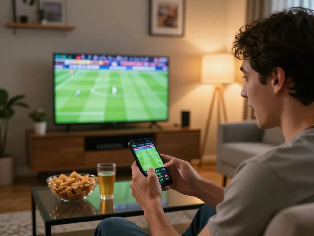 Exciting sports betting scene at home with a user placing live bets through an app, keonhacaihomnay featured