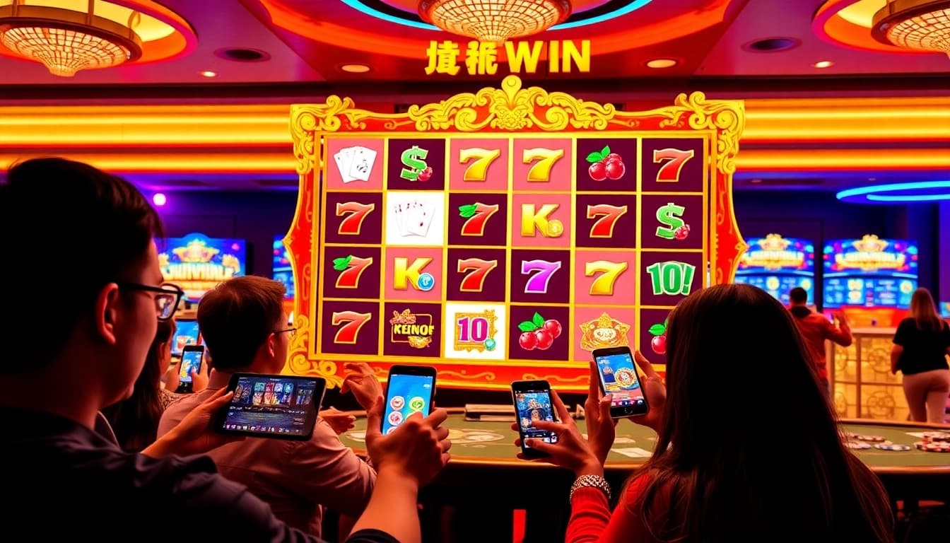 Nổ hũ Sunwin slot game session highlighting excited players engaging with stylish devices.