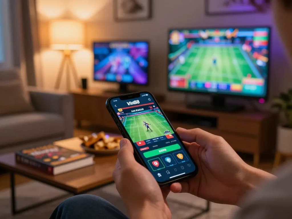 Engaging user experience with Vin88 app showcasing live betting on smartphone in cozy home atmosphere