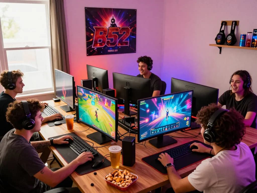 Engaged gamers enjoying the B52 gaming experience in a vibrant home setup.