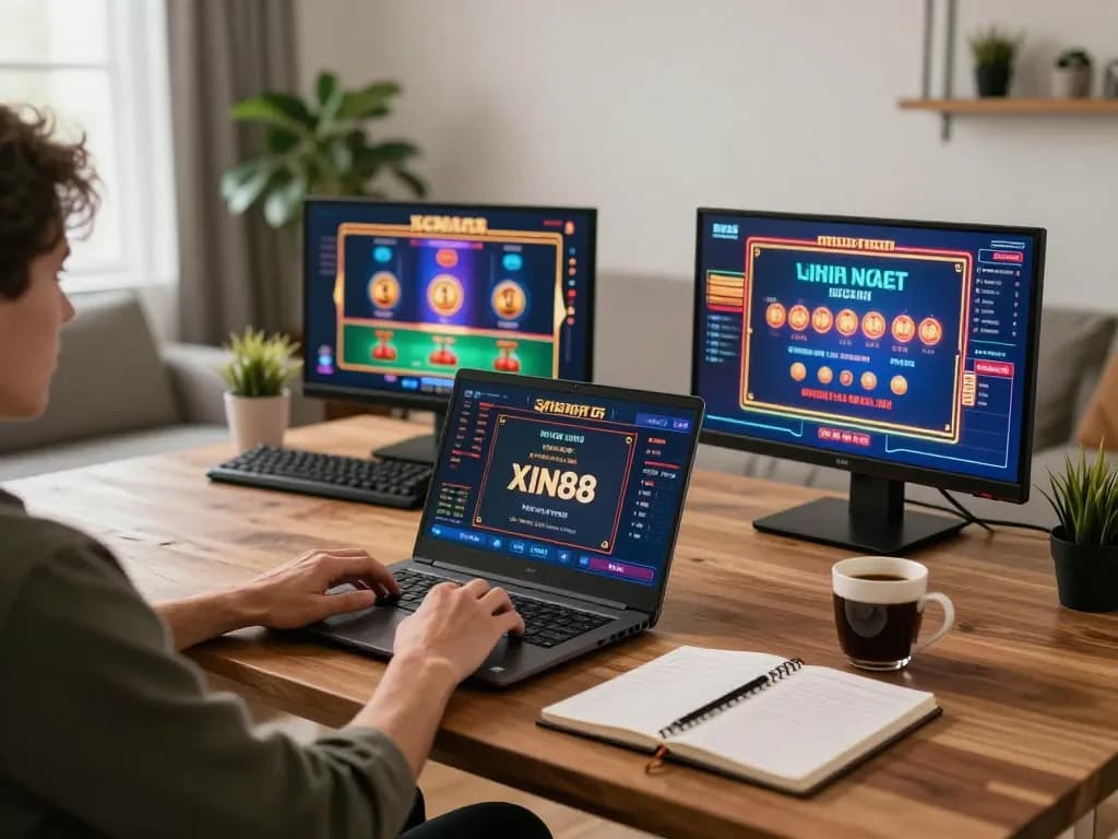 Player enjoying Xin88 online casino on a laptop with strategic notes and coffee at home.