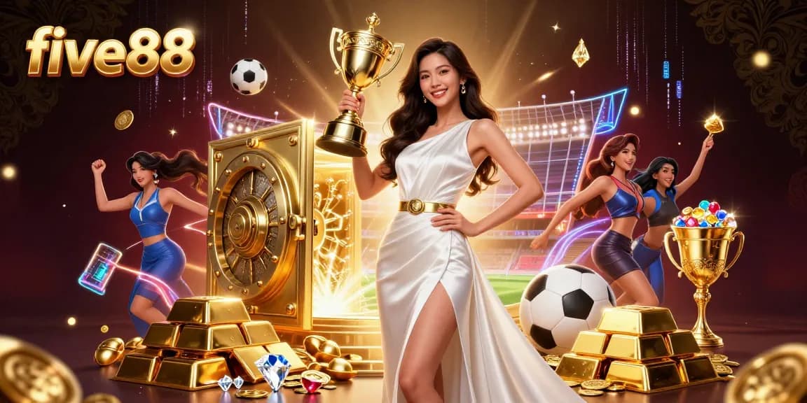 Experience the excitement of sports betting with five88, showcasing a confident woman holding a trophy amid dynamic gaming elements.