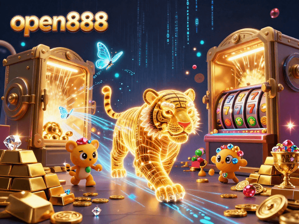 Engage with the excitement of open888 in this vibrant 3D casino scene showcasing a dynamic golden tiger and slot elements.