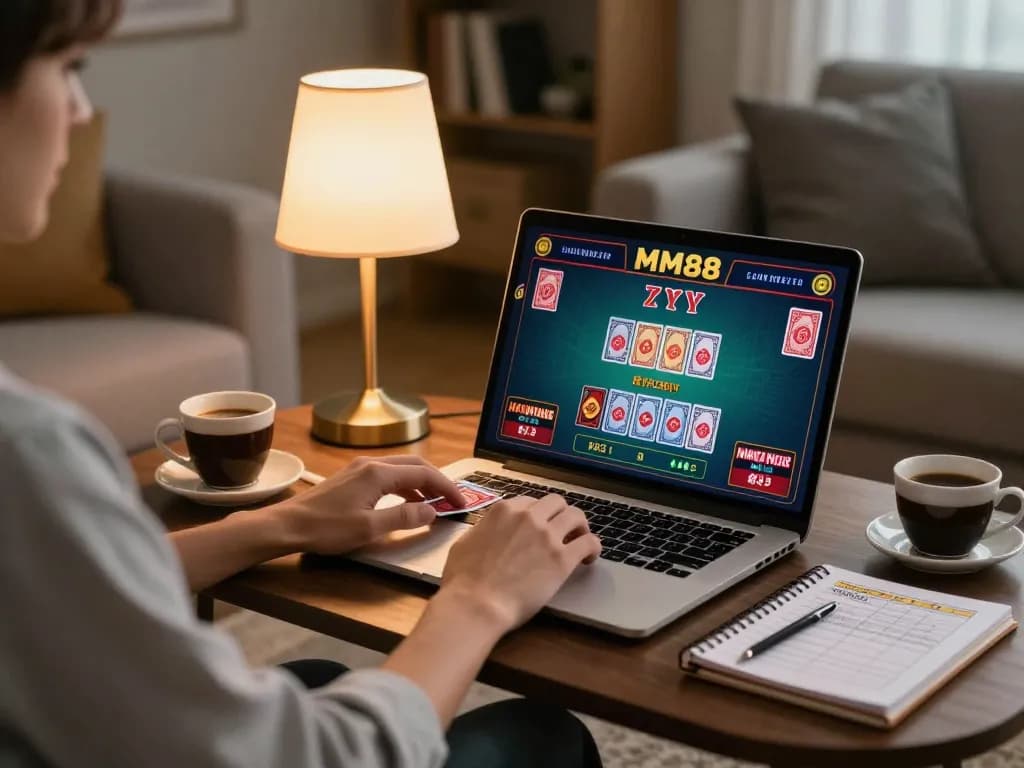 Engaging in MM88 live dealer games on a cozy home sofa with strategic betting notes.