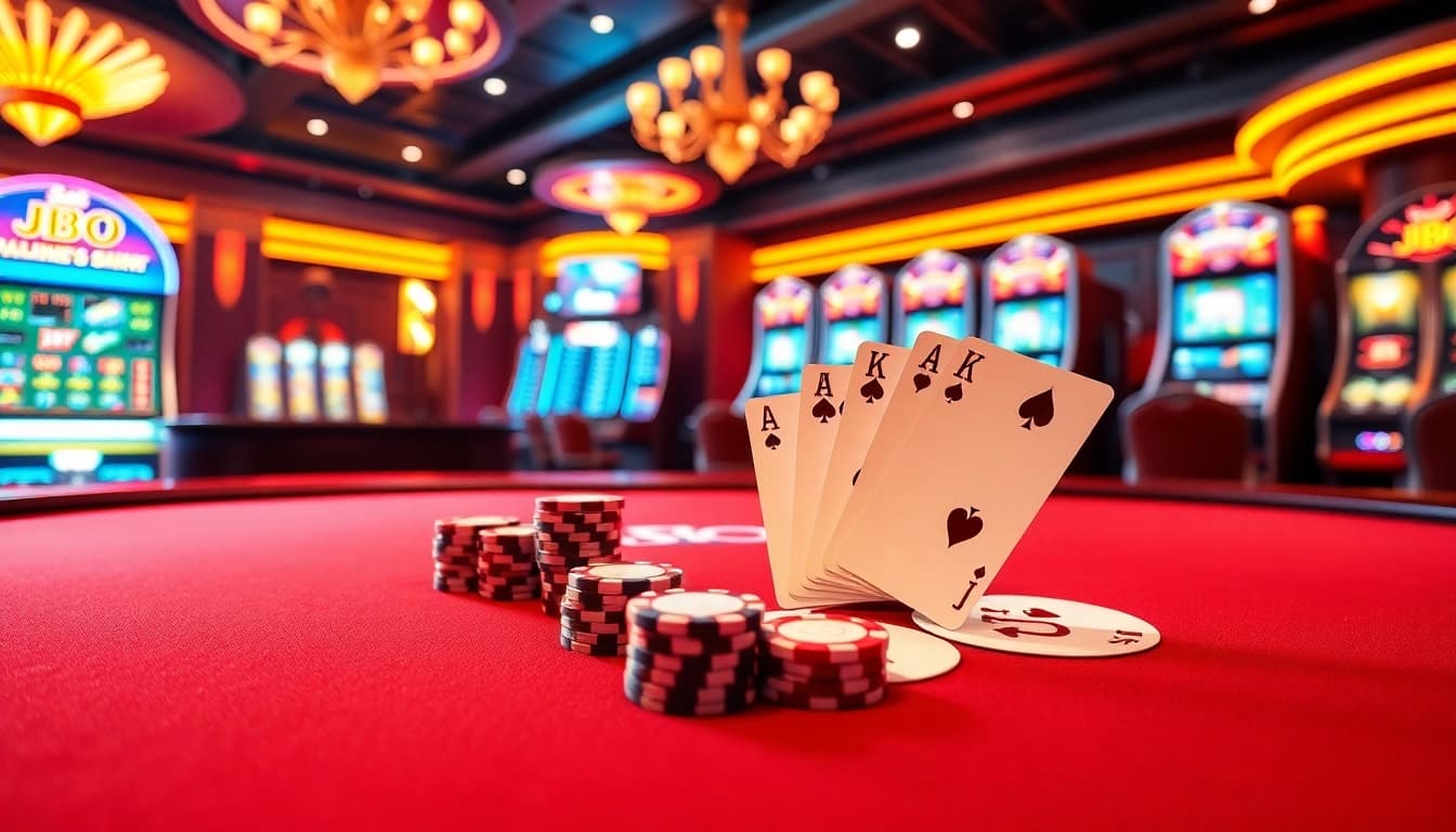 Engaging JBO casino scene featuring poker, roulette, and vibrant slot machines.