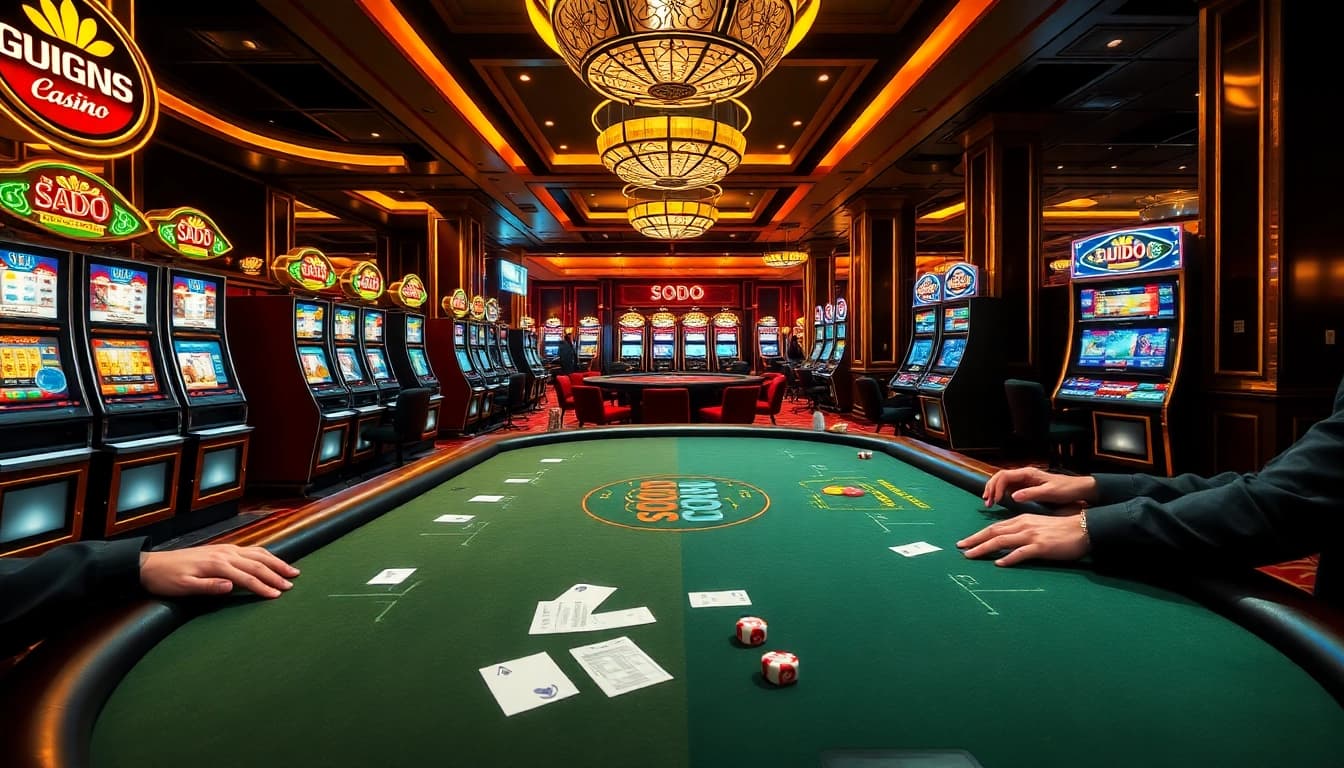 SODO casino scene with vibrant slot machines and engaged poker players showcasing excitement.